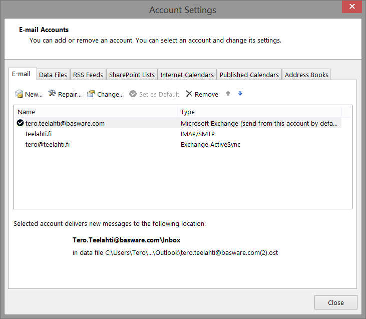 Outlook default data file settings
